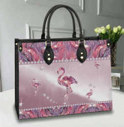 Stunning Flamingo Sparkling Glitter Pink Leather Handbag, Women Leather Handbag, Gift for Her, Custom Leather Bag