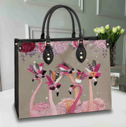 Flamingo Bag Cool Flamingos Leather Handbag, Women Leather Handbag, Gift for Her, Custom Leather Bag, Birthday Gift