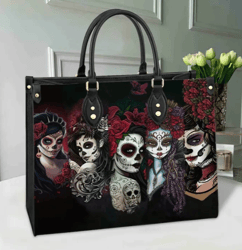 Sugar Skull Day Of The Dead Leather Handbag, Women Leather Handbag, Gift for Her, Custom Leather Bag, Birthday Gift