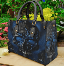 Skull 3D Dark Blue Leather Handbag, Women Leather Handbag, Gift for Her, Custom Leather Bag, Birthday Gift