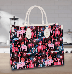 Personalized Colorful Elephant Leather Handbag, Women Leather Handbag, Gift for Her, Custom Leather Bag, Birthday Gift