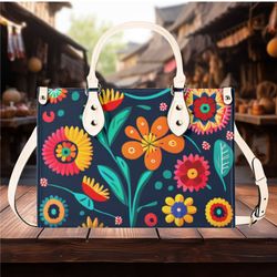 Luxury Women Pu Leather Handbag, Purse Crossbody Fun Cute Unique Rainbow Of Colors Mexican Folk Art Handbag