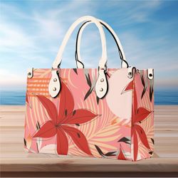 Luxury Women Pu Leather Handbag, Shoulder Bag Tote, Flower Floral Botanical Design Abstract Art Purse