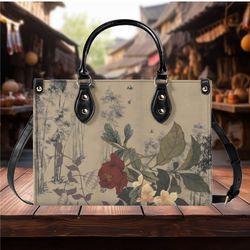 Luxury Women Pu Leather Handbag, Shoulder Bag Rose, Tote Flower Floral Botanical Design Abstract Art