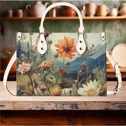 Luxury Women Pu Leather Handbag, Shoulder Bag Tote, Daisy Wildflower Floral Botanical Design Abstract Handbag