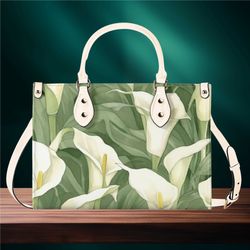 Luxury Women Pu Leather Handbag, Shoulder Bag Tote, Lilly Flower Floral Botanical Design Abstract Art Bag