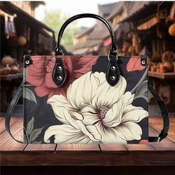 Luxury Women Pu Leather Handbag, Shoulder Bag Tote, Rose Flower Floral Botanical Design Abstract Art Leather Handbag