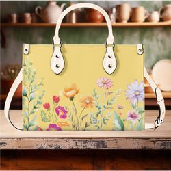 Luxury Women Pu Leather Handbag, Tote Purse Beautiful Spring Floral Botanical, Garden Of Wildflowers Handbag