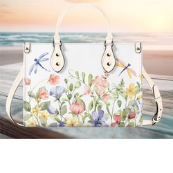 Luxury Women Pu Leather Handbag, Tote Purse Beautiful Spring Floral Botanical Garden Of Wildflowers Handbag
