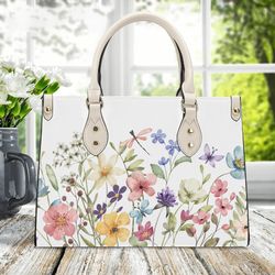 Luxury Women Pu Leather Handbag, Tote Purse Beautiful Spring Floral, Botanical Garden Of Wildflowers PU Handbag