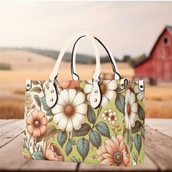 Luxury Women Pu Leather Handbag, Tote Purse Beautiful Spring Floral, Botanical Garden Of Wildflowers Leather Handbag