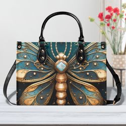 New Version-Luxury Women Pu Leather Handbag Butterfly Moth Design Unique Art Womens Shoulder Bag T
