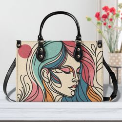 Pu Leather Handbag Women Shoulder Satchel Purse Tote, Unique Fun Abstract Fine Line Face Stand Out