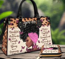 Black Woman Breast Cancer Awareness Leather Handbag Purse, You Are Beautiful Chosen Victorious Wallet, Cancer Survivor