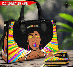 Custom Name African American Woman with Afro Hair Large Leather Handbag Purse, Personalized Black Woman Wallet
