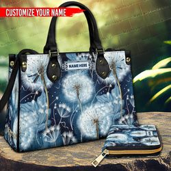 Custom Name Blue Dandelion Print Floral Leather handBags Purse with Shoulder Strap for Women, Wallet for Mom