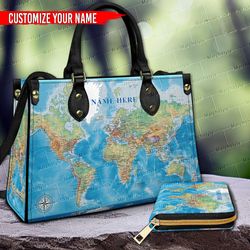 Custom Name Leather Handbag Purse, Satellite Image World Map Wallet, Map Handbag, Custom World Map handbag