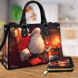 HoHoHo Merry Christmas Santa Leather Handbag Purse, Santa Lover Wallet, Santa crossbody bags, Gift For Women