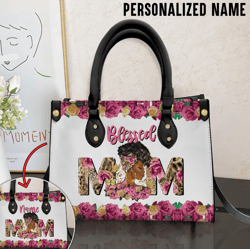 Personalized Mama Black Woman Leather Handbag With Handle, Mothers Day Gift, Custom Handbag Gift For Black Mom, African