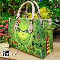 Grinch Custom Name Leather Handbag Gift For Women, Grinch Christmas Leather Handbag, Grinch Handbag