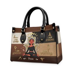 I Am Worthy Personalized Leather Handbag, Yoga Leather Handbag, Black Women Yoga Leather Handbag