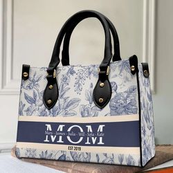 Mom Mama Grandma Gigi Nana Custom Kids Names Floral Leather Handbag, Gift For Women Leather Handbag