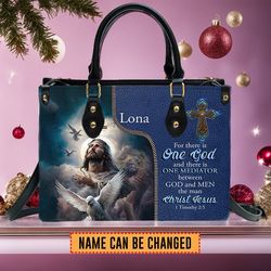Christianartbag Handbags, For There Is One God 1 Timothy 25 Leather Handbag Blue, Personalized Bags, Gifts For Women