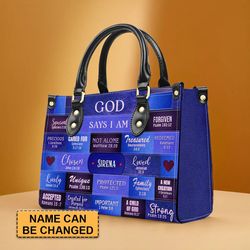 Customizable Luxury Leather Handbag - Personalized Elegance By Christianartbag - God Says I Am Blue Leather Handbag