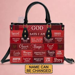 Inspirational Scripture Leather Handbag - Custom Name Christianartbag Tote - God Says I Am Red Leather Handbag