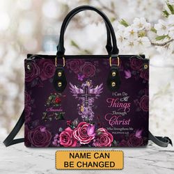 Personalized Floral Leather Handbag - Custom Name Christianartbag