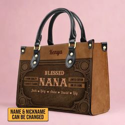 Personalized Leather Handbag - Customizable Blessed Nana Tote By Christianartbag