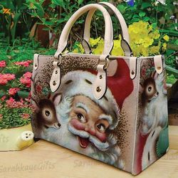 Santa Claus Leather Handbag, Cute Santa Leather Handbag, Santa Claus Funny Leather Handbag