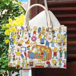 The Simpsons Custom Name Women Leather Hand Bag, Simpsons Family Leather Handbag
