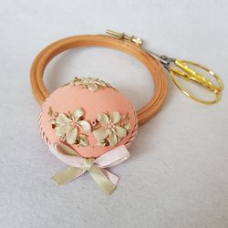 Pink pincushion pillow ribbon embroidery, round pin keeper , embroidered pin accessory