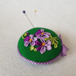 Green pincushion pillow ribbon embroidery, round pin keeper , embroidered pin accessory, art 3