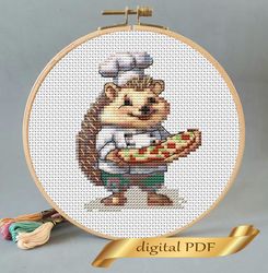 Hedgehog and pizza pattern pdf cross stitch, small design easy embroidery DIY, art 1