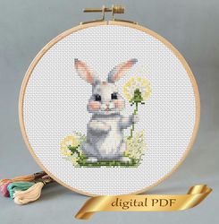 Bunny and dandelion pattern pdf cross stitch, small design easy embroidery DIY, art 1