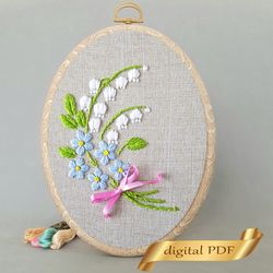 Bouquet of lilies of the valley hand embroidery, Floral pattern PDF, Gift for mother's day