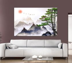 landscape poster print art, japanese landscape painting of pine trees canvas wall art, distant mountains, cloud poster,
