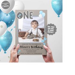 boys 1st birthday photo invitation, editable party invitation template, photo invite, edit yourself at home, digital dow