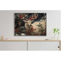 reindeer berries christmas print, holiday decor print, winter reindeer nursery wall art, scandinavian winter wildlife, r