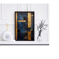 navy blue abstract art, modern grey gold paint art, gallery wall art, brush strokes minimalist digital download wall dec
