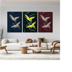 set of 3 japanese bird canvas wall art 3 poster or canvas set, japanese bird print, bird, japandi wall art, large wall a