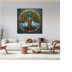 tree of life canvas wall art stained glass canvas celtic home decor wall art mosaic norse mythology stained glass print