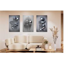 Set of 3 Love Heart Grey Print , Canvas 3D Effect, Love Heart Wall Art, Hugging Couple Painting , Canvas Love Heart Art,
