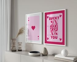 Trendy Lucky You Wall Art Set Of 2, Retro Pink Ace Poster, Preppy y2k Room Decor Aesthetic Print, Lucky You Poster, Funk