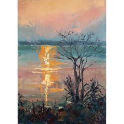 Peach Sunset Seascape 7x5" Tree on a coast ORIGINAL ART Impressionist Sea Painting Signed by artist Marina Chuchko