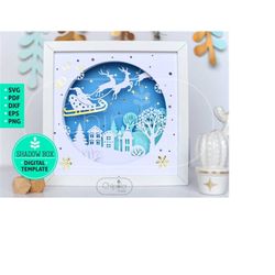 Santa Sleigh Shadow Box SVG, christmas winter 3d papercut SVG, layered paper art template with LED light, New Year, Cric