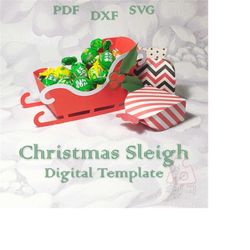 Christmas 3D Sleigh, New Year Treat, Santa Candy Sack Box, Party Favor, SVG DXF PDF, Cut Files, Digital Template, Cricut