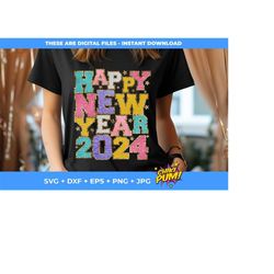 Happy New Year 2024 Png, SVG, Glitter New Year Png, Faux Cotton Texture Png, Sequin New Year Dtf, Sparkly Png File and S